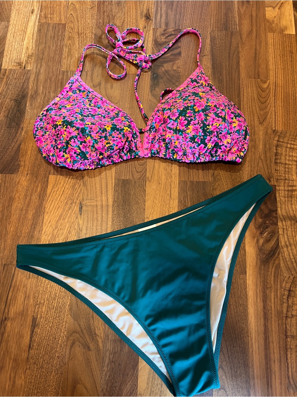 Wild Fable XL Pink Floral Halter Triangle Bikini Top Shade Shore Teal L Bottom